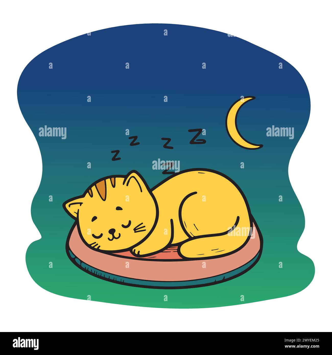 Niedliche Karikaturkatze schläft auf einem Kissen unter dem gelben Mond. Vektorabbildung. Stock Vektor