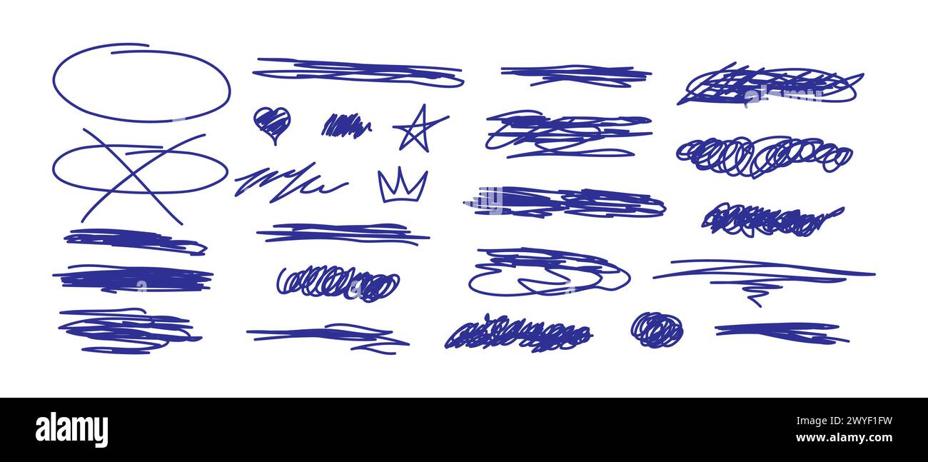 Vektorsatz handgezeichneter Kritzelelemente für Ihr Design. Scribbles und Skizzen, Markierungslinien gesetzt. Tintenformen und strukturierte Elemente. Scra Stock Vektor
