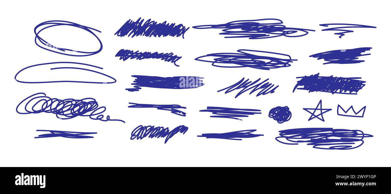 Vektorsatz von handgezeichneten Pinselstrichen, Linien, Streifen, Kritzeleien. Scribbles und Skizzen, Markierungslinien gesetzt. Tintenformen und strukturierte Elemente. Scra Stock Vektor