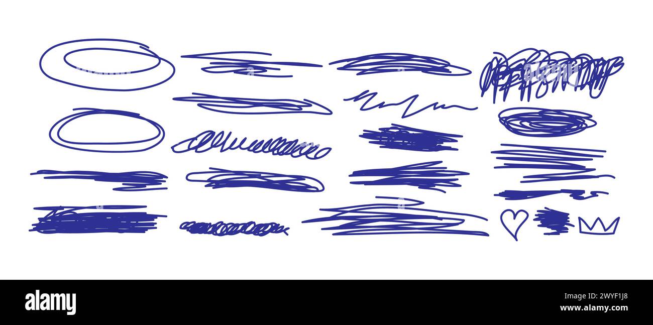 Handgezeichnete abstrakte Kritzeleien und Kritzeleien. Vektorillustration für Ihr Design. Scribbles und Skizzen, Markierungslinien gesetzt. Tintenformen, strukturiert mit Kratzmuster Stock Vektor