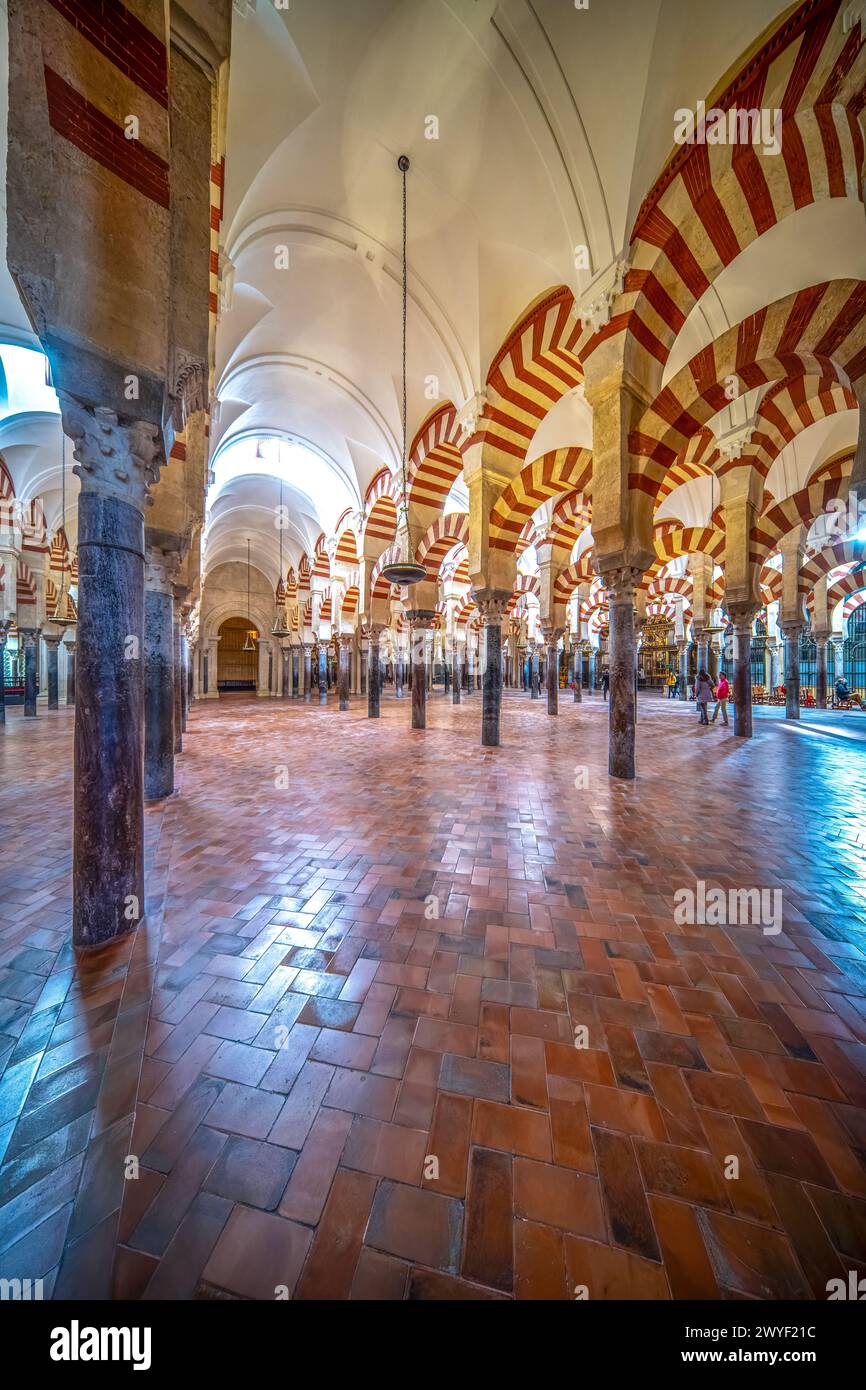 Die berühmten rot-weißen Bögen in der Moschee-Kathedrale von Cordoba. Stockfoto