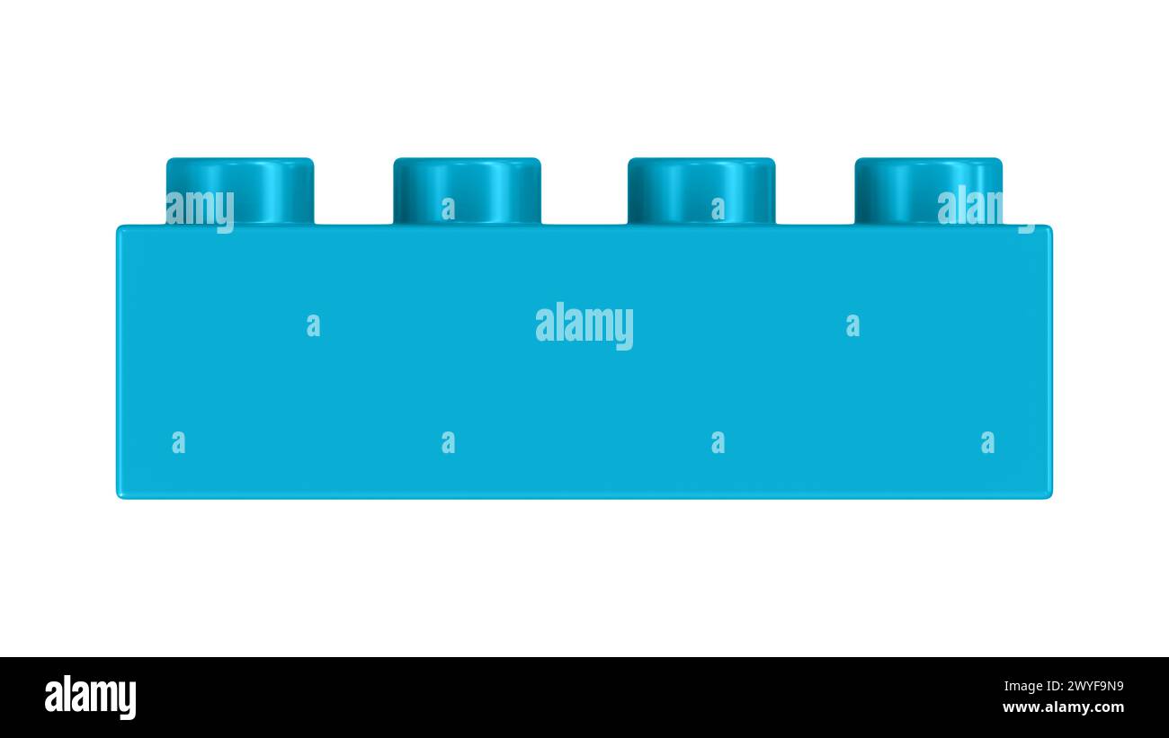 Cyan Blue Lego Block isoliert auf weißem Hintergrund. Nahaufnahme eines Plastik-Kinderspielziegels für Konstrukteure, Vorderansicht. Hochwertiges 3D-Rend Stockfoto