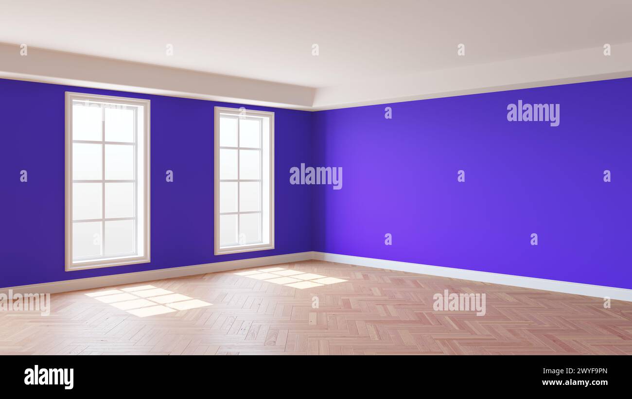 Innenausstattung mit violetten Wänden, zwei Fenstern, weißer Decke und Gesimse, glänzendem Fischgrätparkett und weißem Sockel. Wunderschönes Zimmerkonzept. 3D Stockfoto