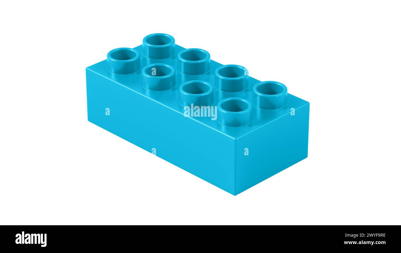 Cyan Blue Lego-Block aus Kunststoff isoliert auf weißem Hintergrund. Kinderspielzeugziegel, Perspektivische Ansicht. Nahansicht eines Spielblocks für Konstrukteure. 3D Stockfoto