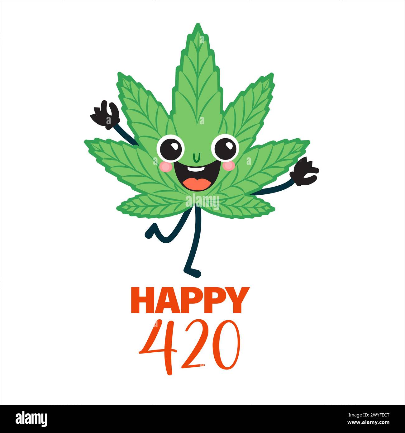 Frohe 420 Tage, internationaler Gras-Urlaub. Lustige Cannabisfigur-Karikaturblatt glücklich und lustig mit Text. Gut für Grußkarten, Poster, Banner Stock Vektor