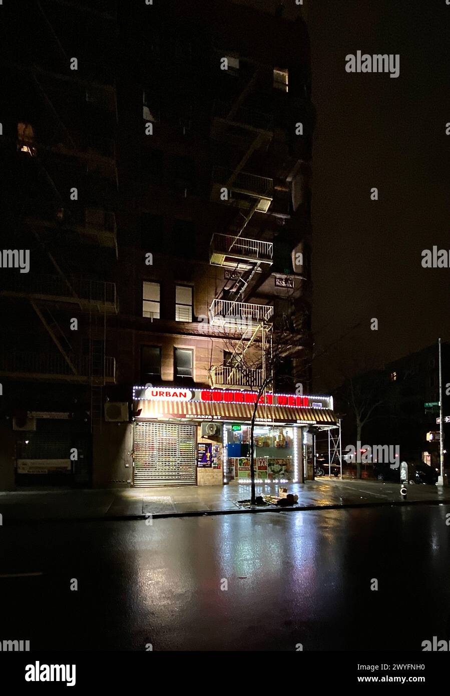 Bodega bei Nacht NYC Stockfoto