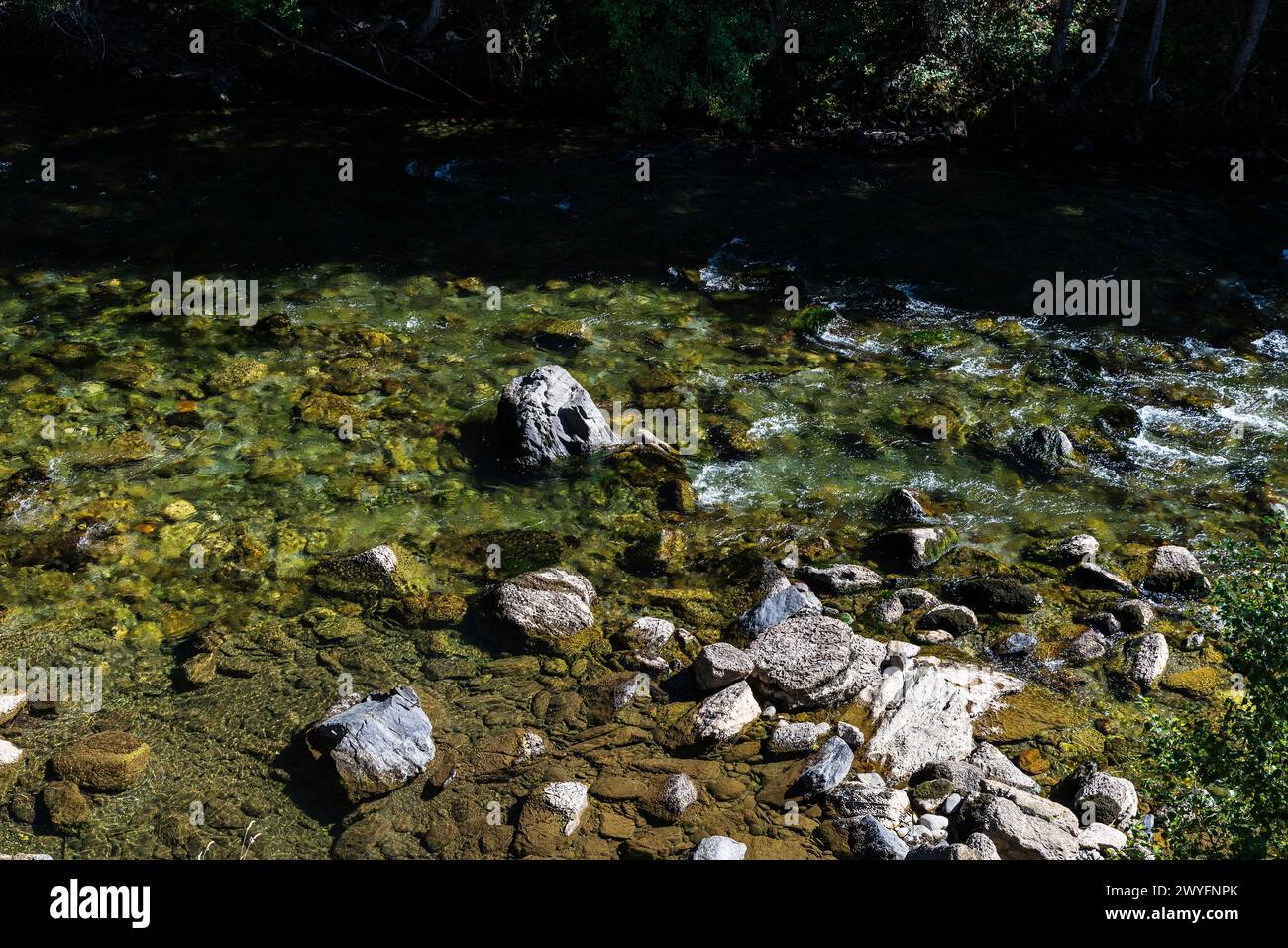 Sauberes und ruhiges Wasser des Flusses Noguera Pallaresa mit Felsen und Steinen als Hintergrund in Lleida, Katalonien, Spanien Stockfoto