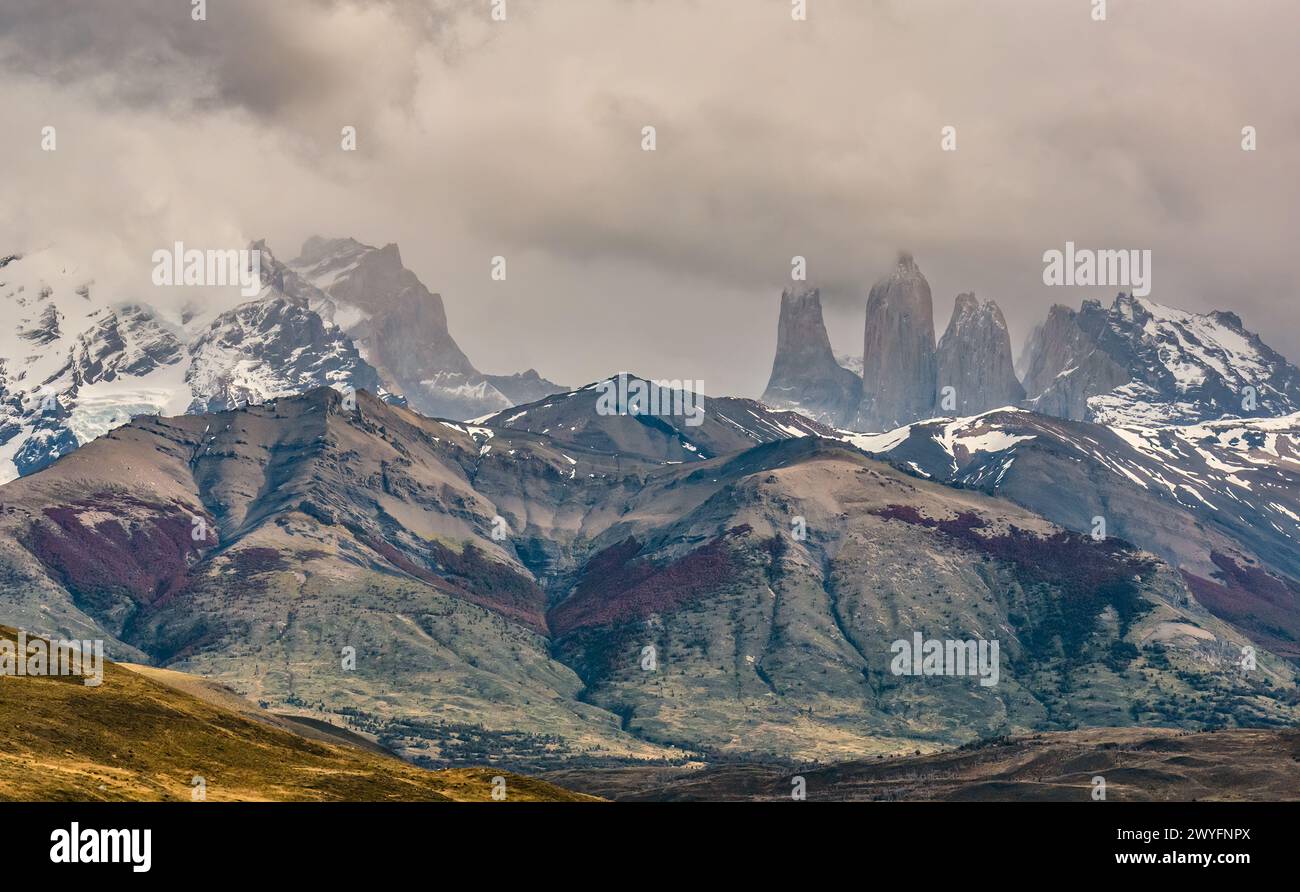 Torres del Paine Nationalpark Granitgipfel Türme von Paine, Patagonien, Chile, Südamerika Stockfoto