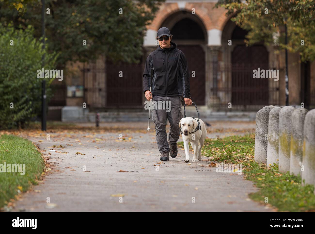 Blinde Frau, die einen angenehmen Spaziergang in einem Stadtpark mit ihrem ausgebildeten Blindenhund macht. Service Tier und Mensch Partnerschaftskonzept. Stockfoto