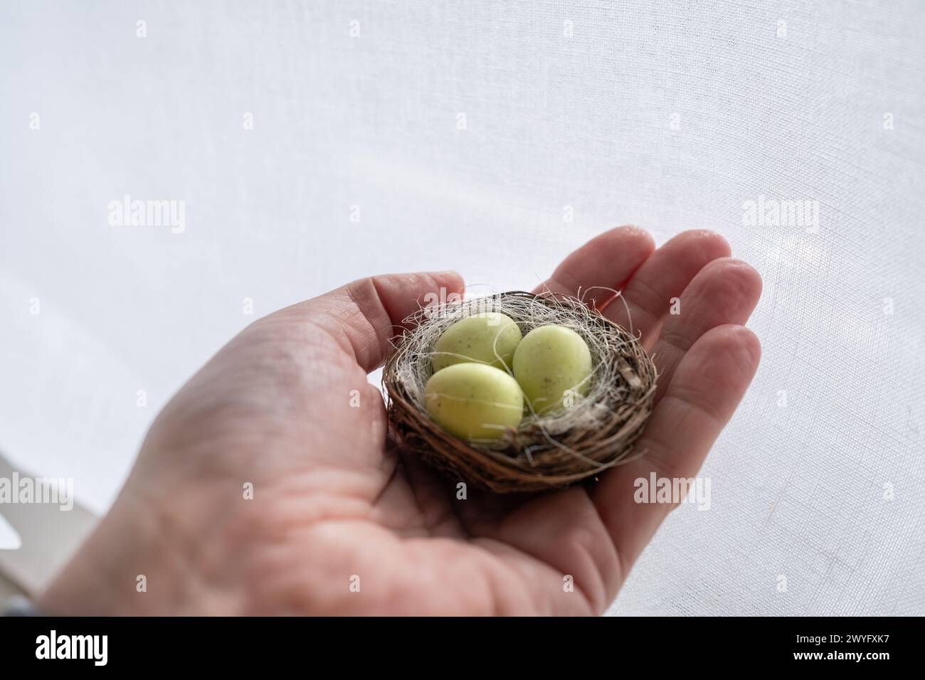 Detail einer Hand, die ein kleines Vogelnest mit drei kleinen grünen Ostereiern hält, gefüllt mit Schokolade. Es ist ein Osterbonbon-Tisch mit dem typischen Stockfoto