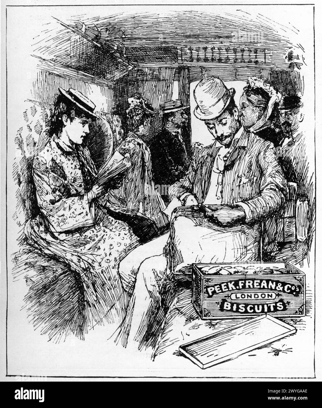 Gravur von Fahrgästen in einem Zugwagen, Werbung für Peek, Frean and Co Biscuits, veröffentlicht 1896 Stockfoto