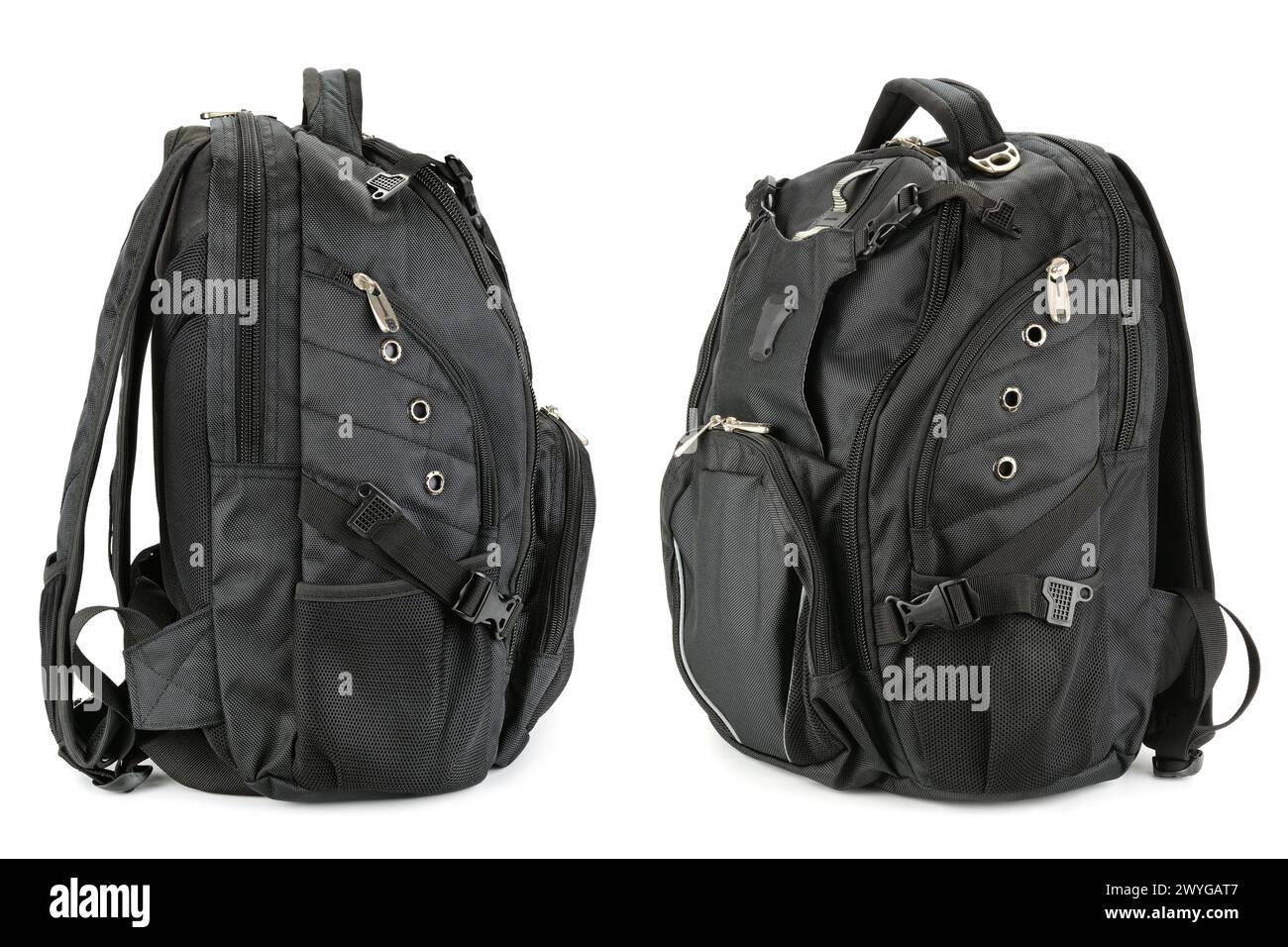 Schwarzer Rucksack isoliert auf weißem Hintergrund Stockfoto