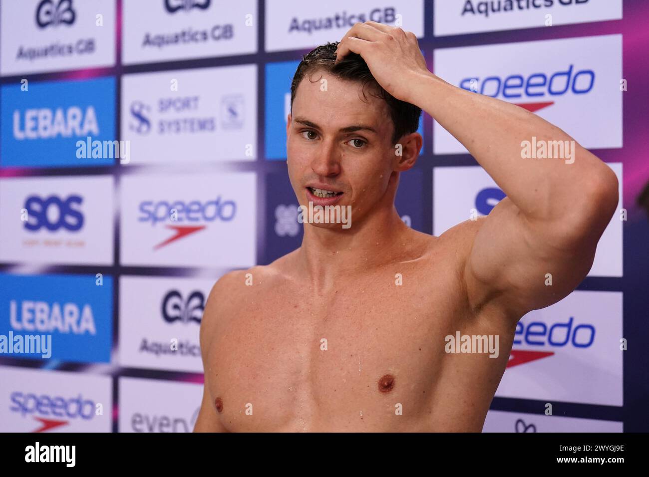 Ben ist stolz, nachdem er das 50-m-Freistil-Finale der Herren am fünften Tag der britischen Schwimmmeisterschaft 2024 im London Aquatics Centre, London, gewonnen hat. Bilddatum: Samstag, 6. April 2024. Stockfoto