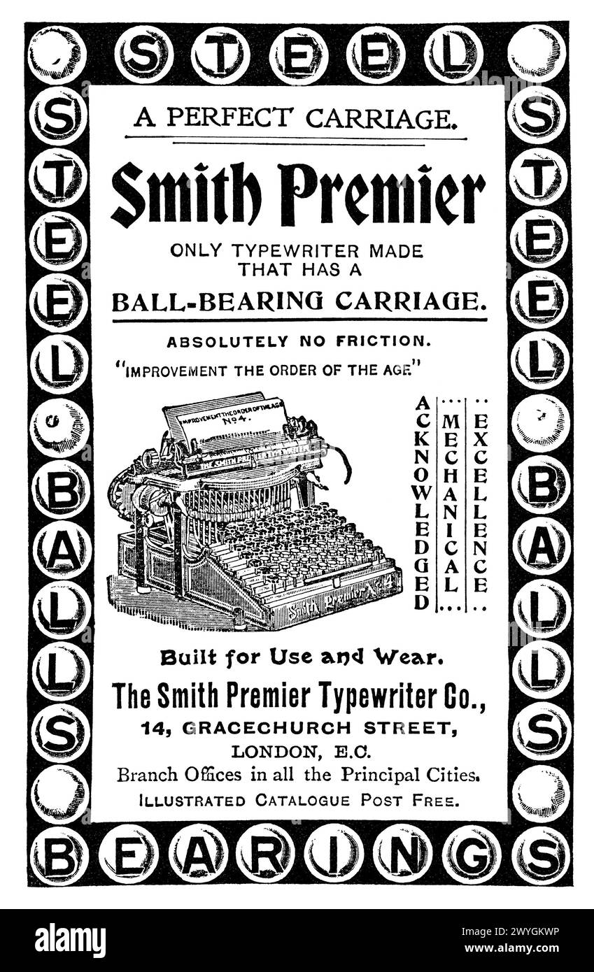 1897 viktorianische Werbung für Sith Premier Schreibmaschinen. Stockfoto