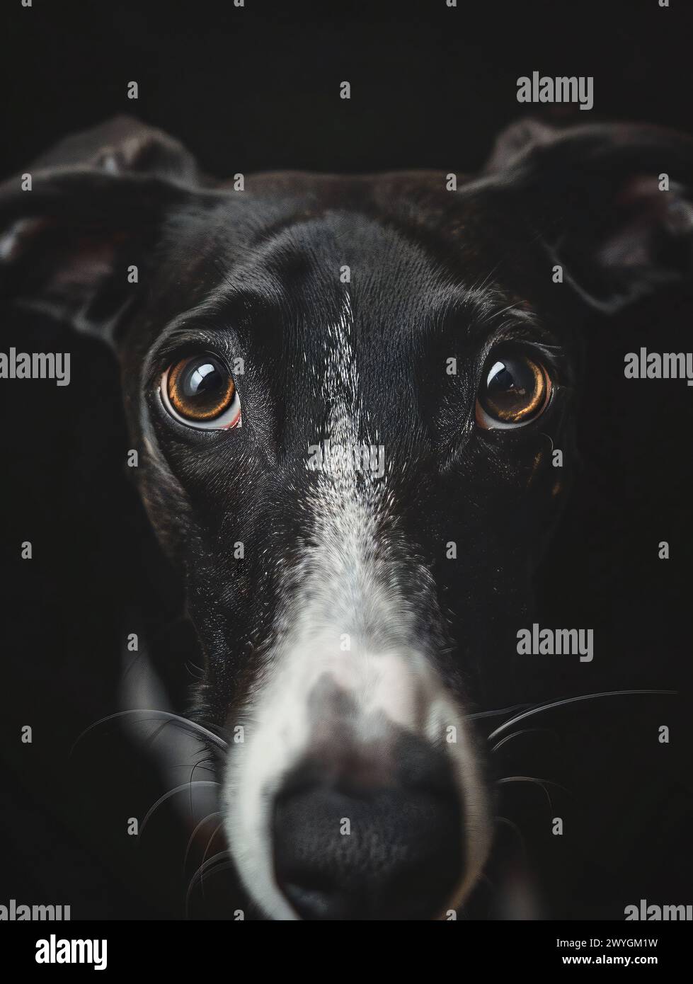 Ein Studio-Porträt eines schwarzen Hundes, mit schwarzem Hintergrund Stockfoto