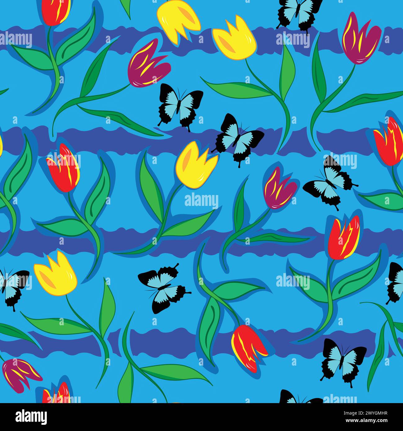 Farbenfrohe Tulpen, die im Wasser mit Schmetterlingen schweben; kreatives Design von Blumen, die im Wasser schweben Stock Vektor
