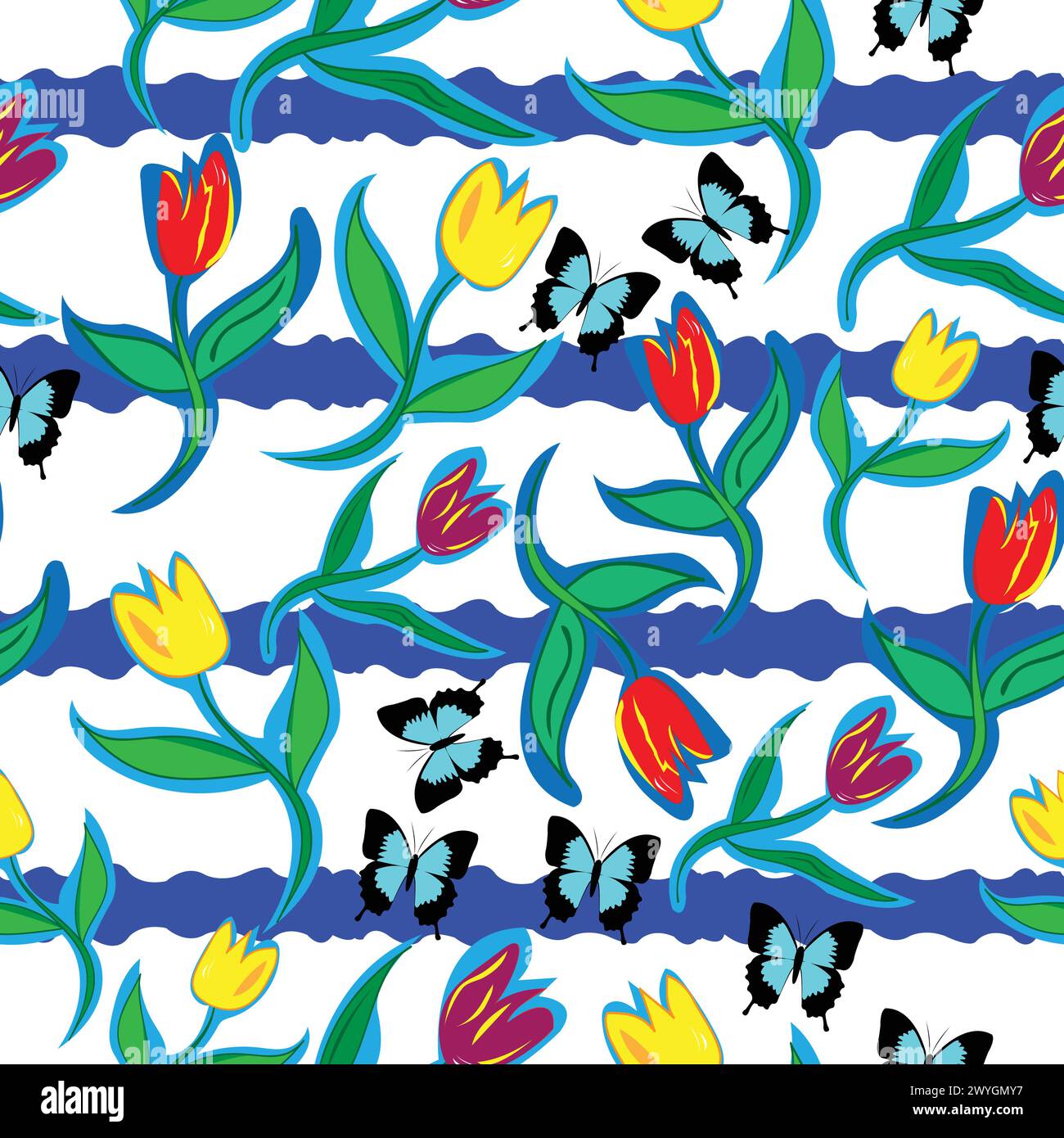Bunte Tulpen mit Kontur und Schmetterlingen nahtlos; Vektorillustration Stock Vektor