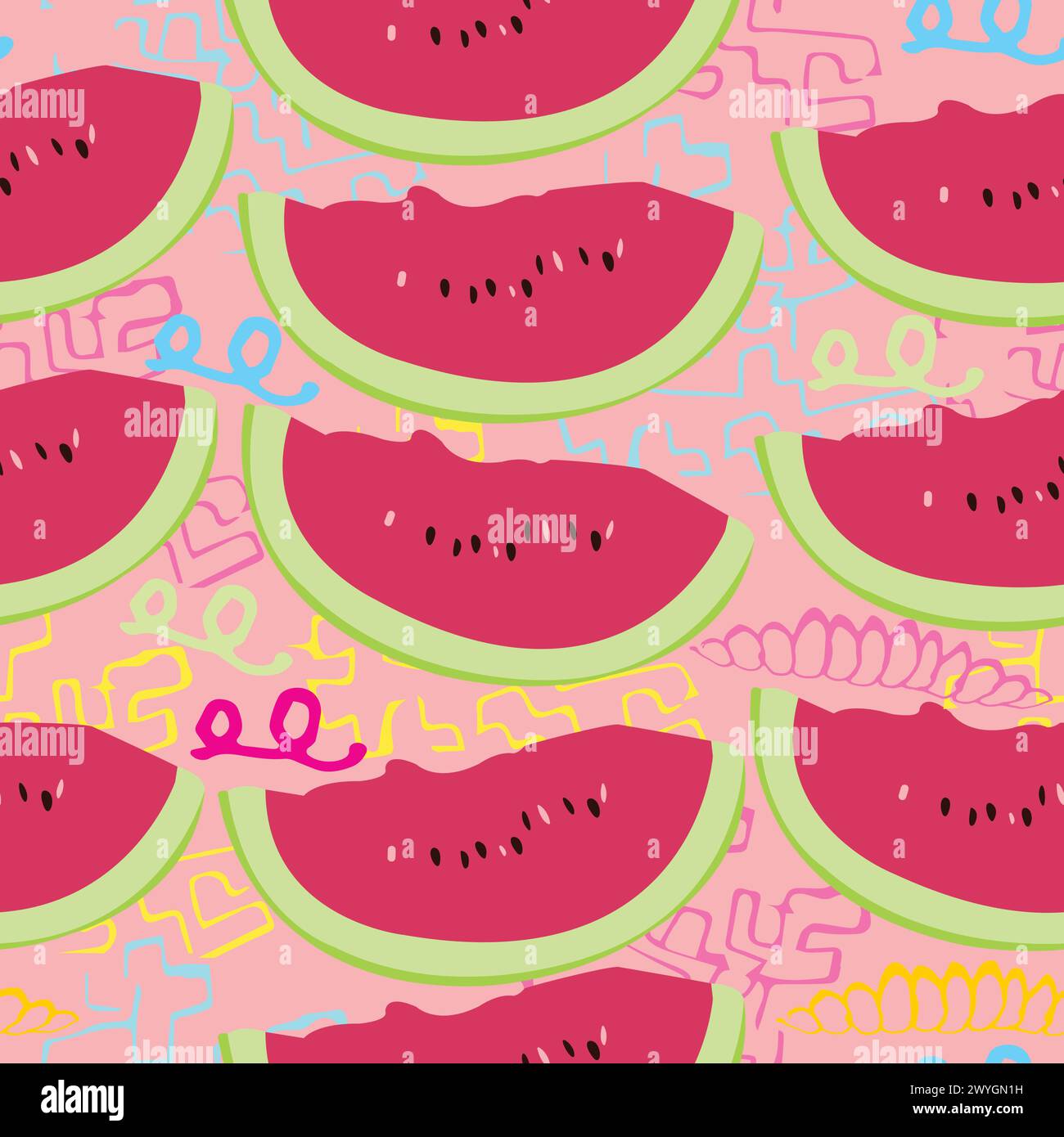 Nahtlose Scheiben von Wassermelonen; farbenfroher Vektor mit Scheiben von Wassermelonen und dekorativen Linien Stock Vektor