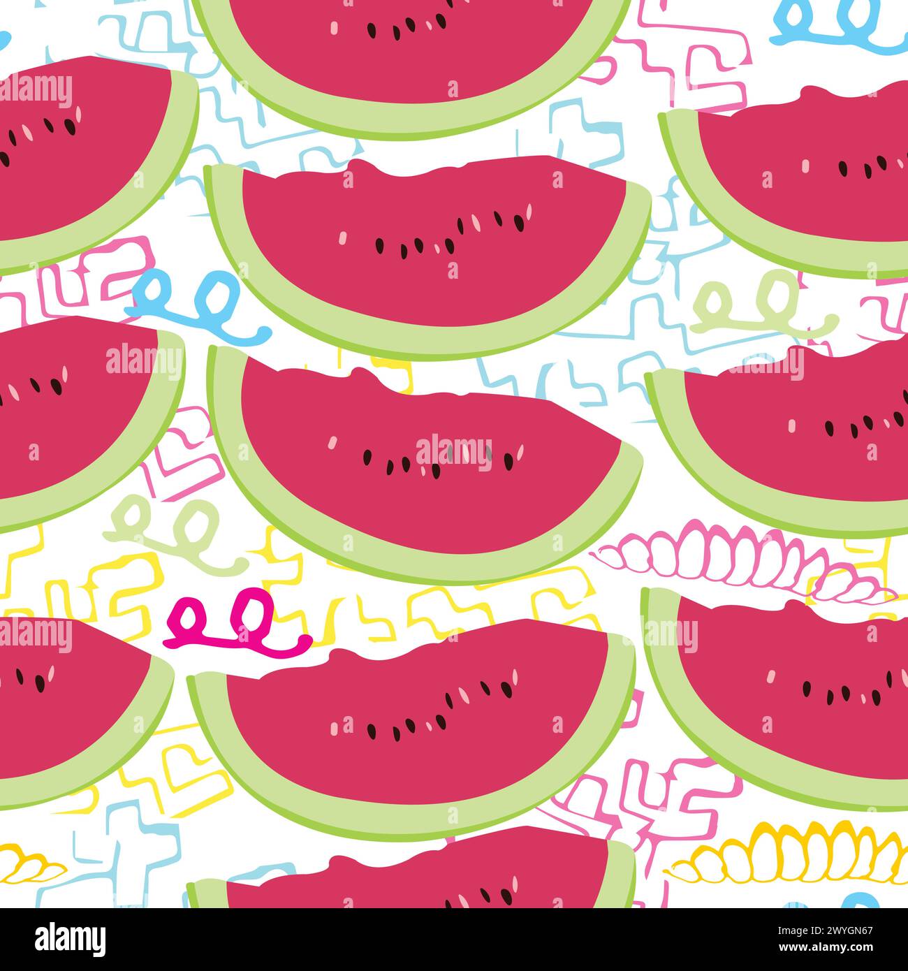 Nahtlose Scheiben von Wassermelonen; farbenfroher Vektor mit Scheiben von Wassermelonen und dekorativen Linien Stock Vektor