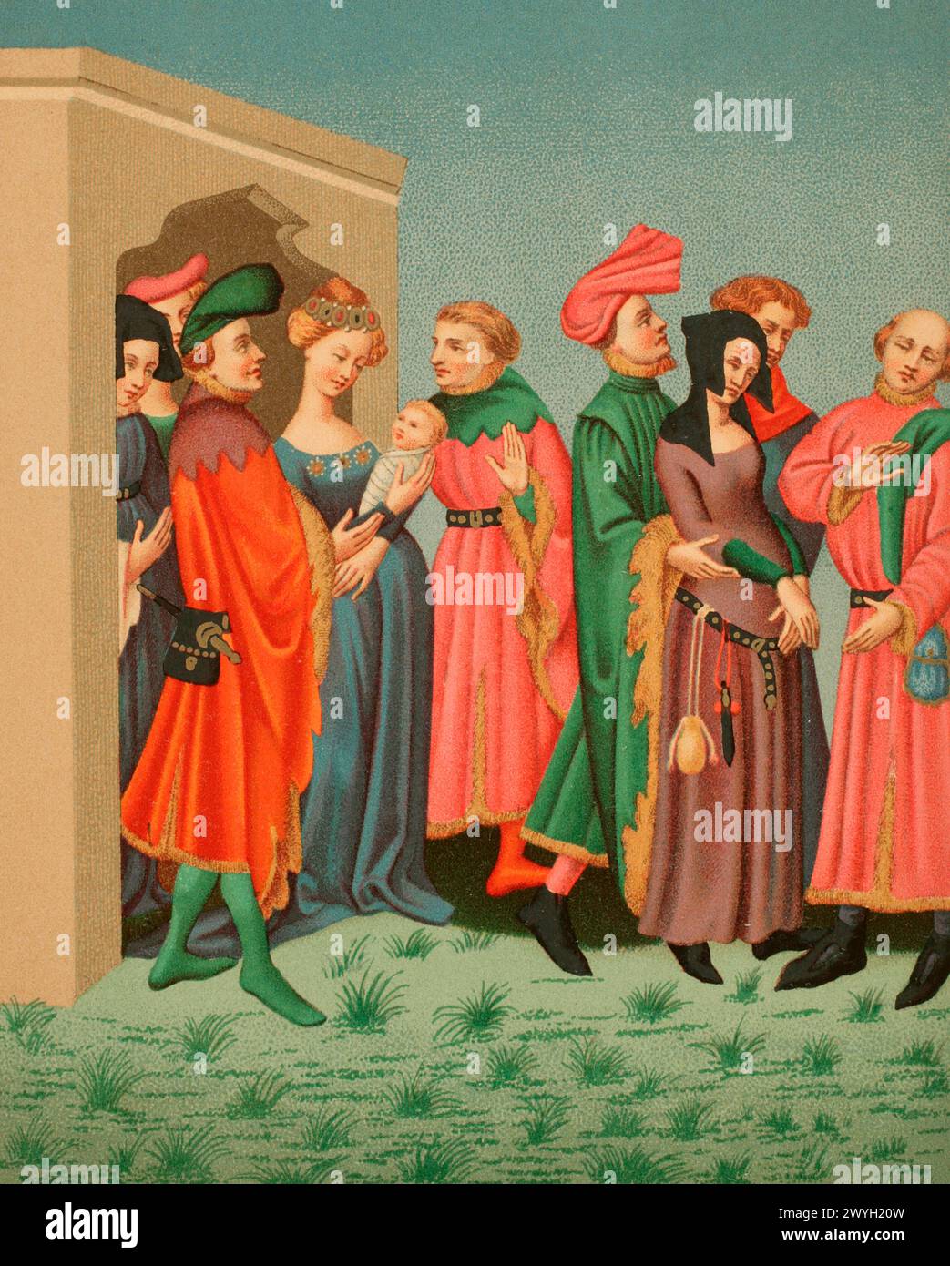 Das Retinue einer jungen Mutter, das die Pariser Trachten Ende des 14. Jahrhunderts darstellt. Chromolithographie nach einer Miniatur von Terence de Ducs Manuskript, die König Karl VI. Im 15. Jahrhundert gehörte. "Moeurs, usages et Kostüumes au moyen-âge et à l'époque de la Renaissance" von Paul Lacroix. Paris, 1878. Stockfoto