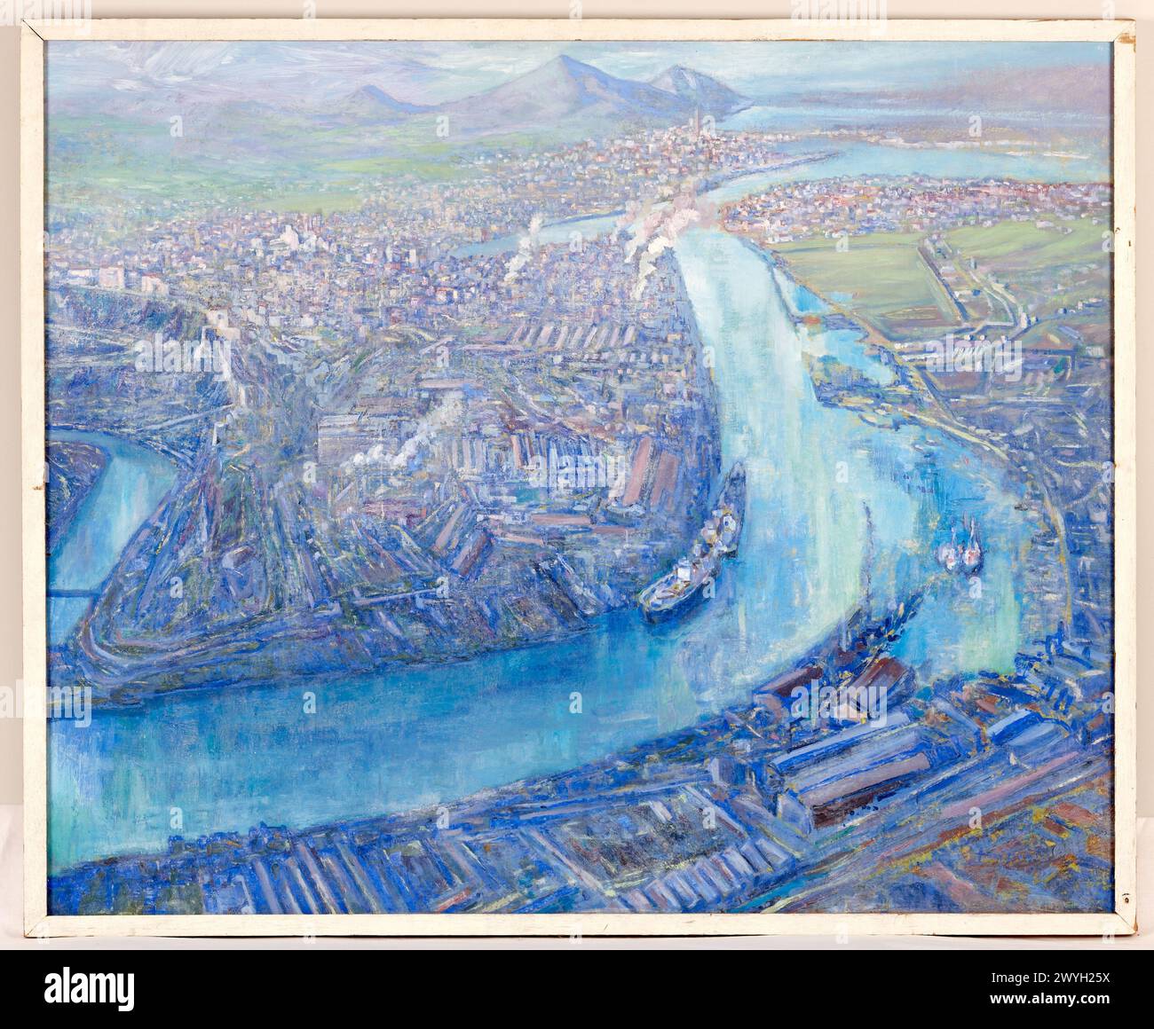 "Blick auf die Ria de Bilbao 1989" Gemälde "Eulate Xavier Alvarez" Arantzazu Franziskanerprovinz, Gipuzkoa, Baskenland, Spanien. Stockfoto