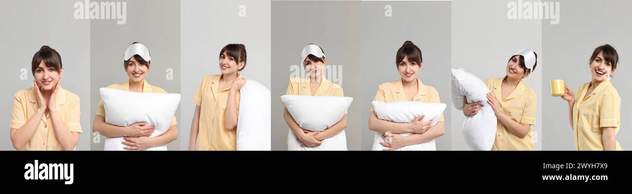 Frau im Pyjama auf grauem Hintergrund, Collage von Fotos Stockfoto