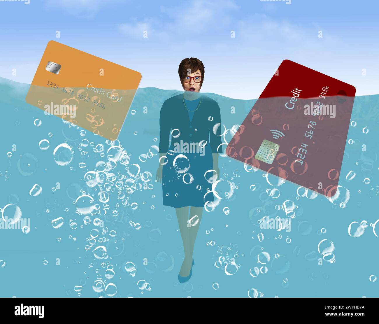 Diese junge Dame ertrinkt in Kreditkartenschulden und wird in dieser 3D-Illustration bis zum Hals im Wasser gesehen. Stockfoto