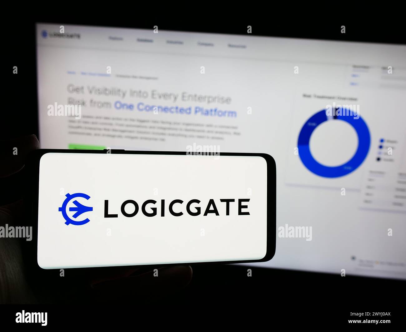 Person, die ein Mobiltelefon mit dem Logo des amerikanischen Risikomanagement-Technologieunternehmens LogicGate Inc. Vor der Webseite hält. Schwerpunkt auf dem Display des Telefons. Stockfoto