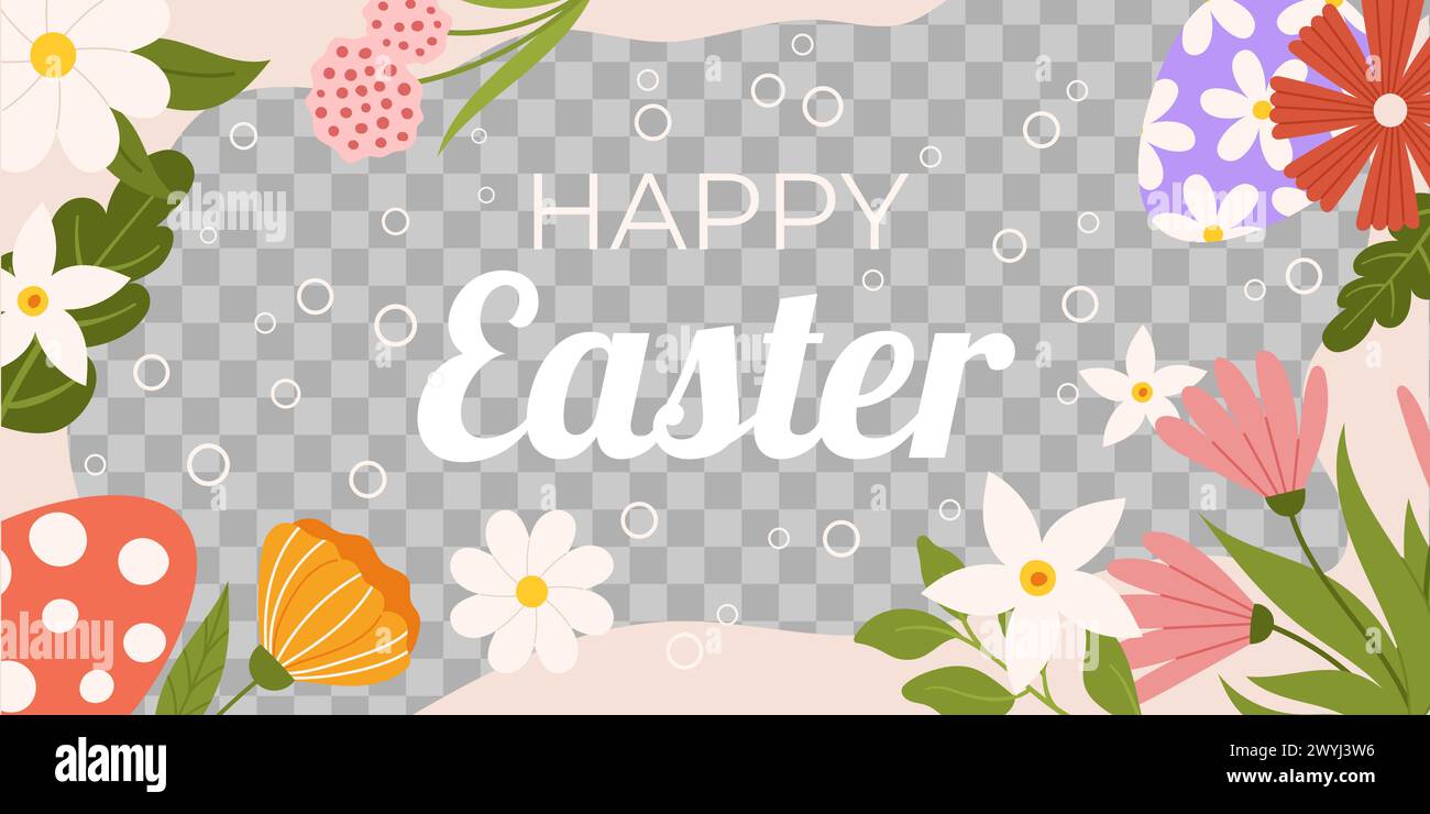 Horizontale Hintergrundvorlage Ostern. Design für Feiertage im Frühling mit transparentem Rahmen für Fotos, bemalten Eiern und Blumen Stock Vektor
