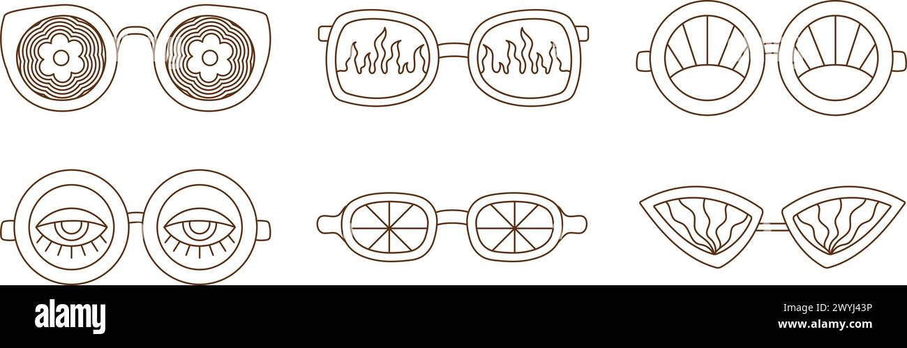 Retro Groovy Sonnenbrillen Kollektion mit verschiedenen Mustern in Schwarz und weiß. 1970er Jahre Vibe Set Stock Vektor