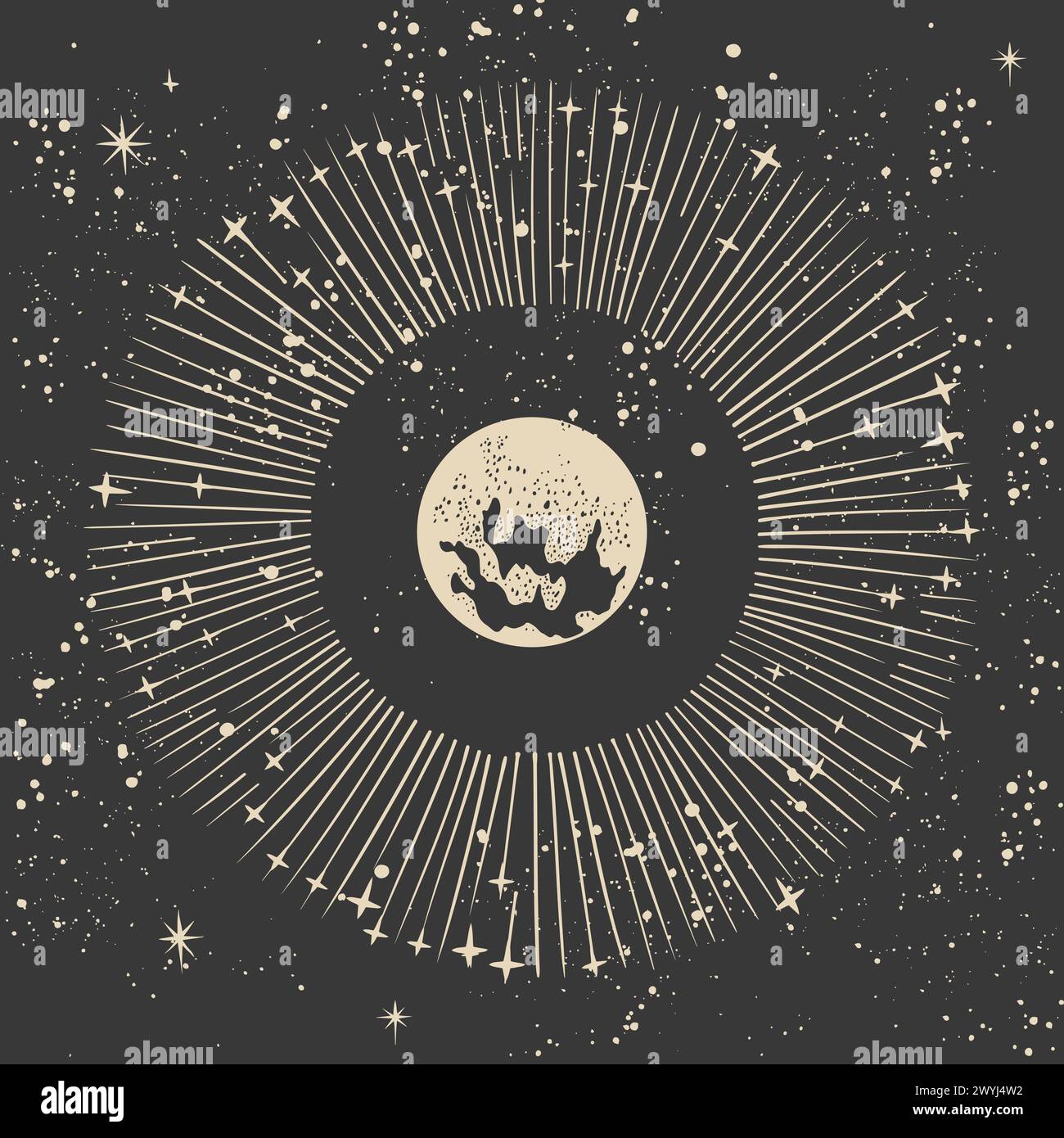 Mystische Karte mit einem leuchtenden Planeten im Weltraum, astrologisches Tierkreisdiagramm, Sternenuniversum-Hintergrund. Himmelskörper im Weltraum. Handgezeichnet V Stock Vektor