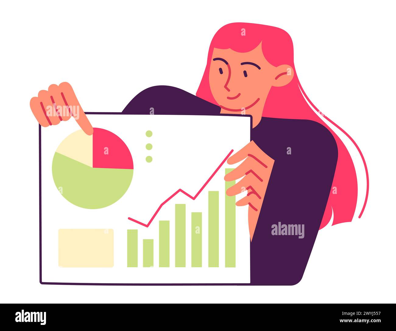 Frau arbeitet mit Statistiken, analysiert Daten Stock Vektor
