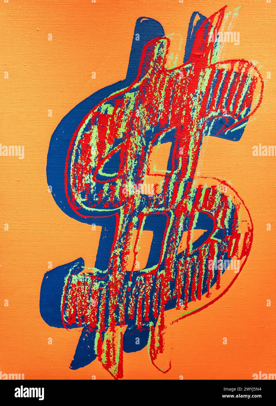 Andy Warhol, Dollar, 1982, Siebdruck auf einem Taschentuch auf Karton montiert, Moco Museum, Amsterdam, Niederlande Stockfoto