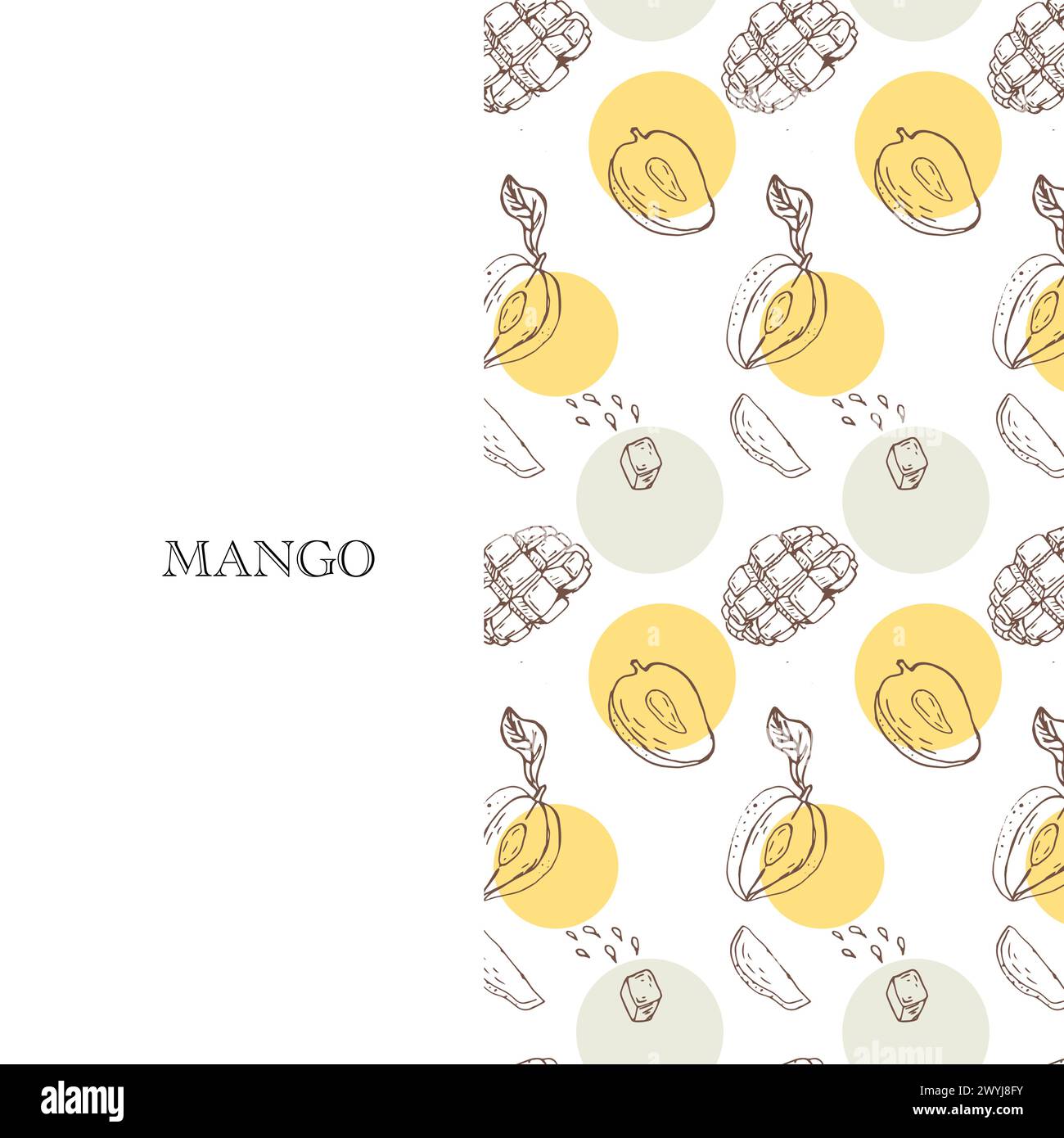 Nahtloses Muster mit Mango - umhüllender Hintergrund. Vektorillustration kann zum Einwickeln von Papier und Hintergrund verwendet werden. Mangohintergrund, Verpackungsdesign. Stock Vektor