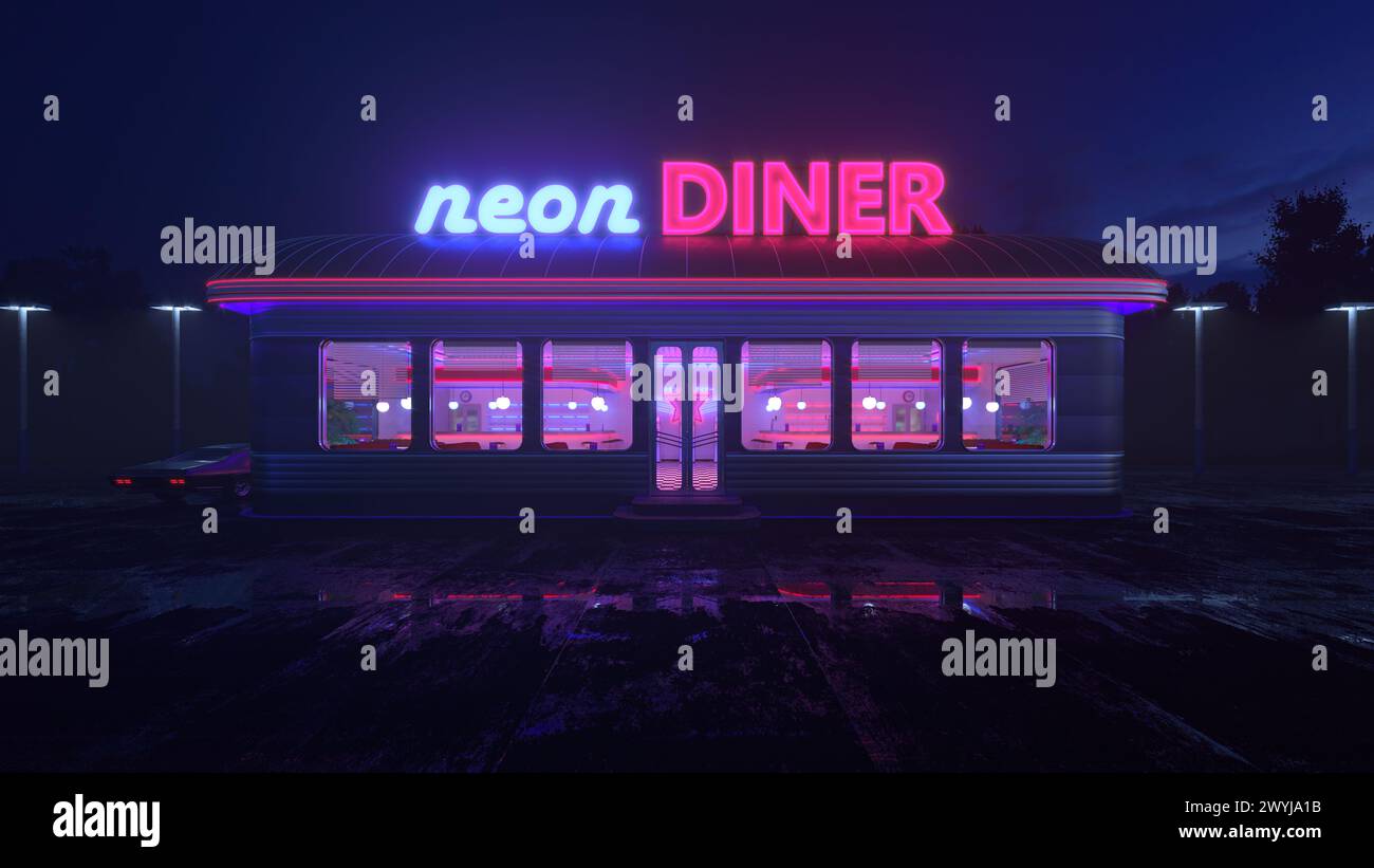 Neon Diner und Retro Auto spät in der Nacht. Nebel, Regen und Farbreflexe auf Asphalt. 3D Abbildung Stockfoto
