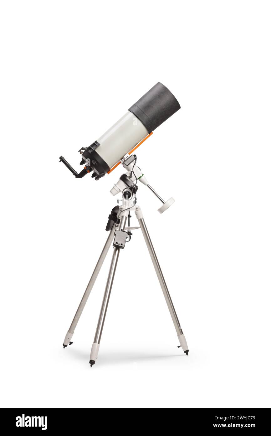 Astrofotografie-Teleskop auf einem Stativ isoliert auf weißem Hintergrund Stockfoto