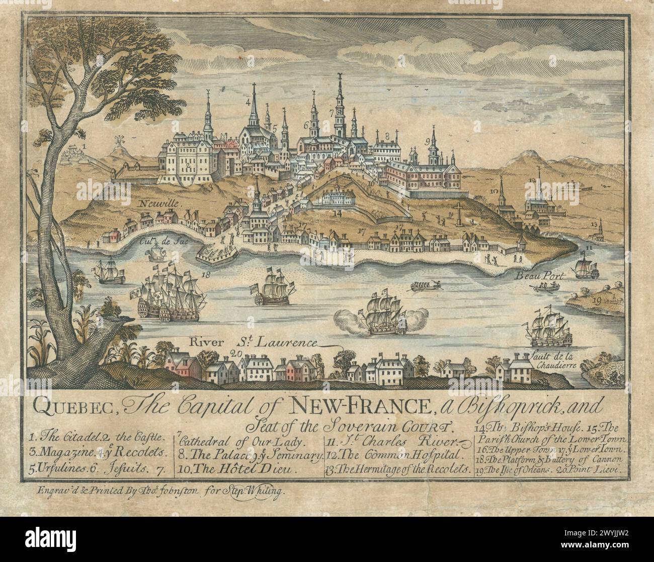 Vintage-Kunstwerke: Quebec die Hauptstadt von Neufrankreich (Nouvelle France). Und Sitz des Souveränen Hofes, 1759. Gravur und Druck von Thomas Johnston und Herausgeber von Stephen Whiting in Boston. Diese Ansicht von Quebec basiert auf einer französischen Karte, die vierzig Jahre zuvor veröffentlicht wurde, CA. 1720 Stockfoto