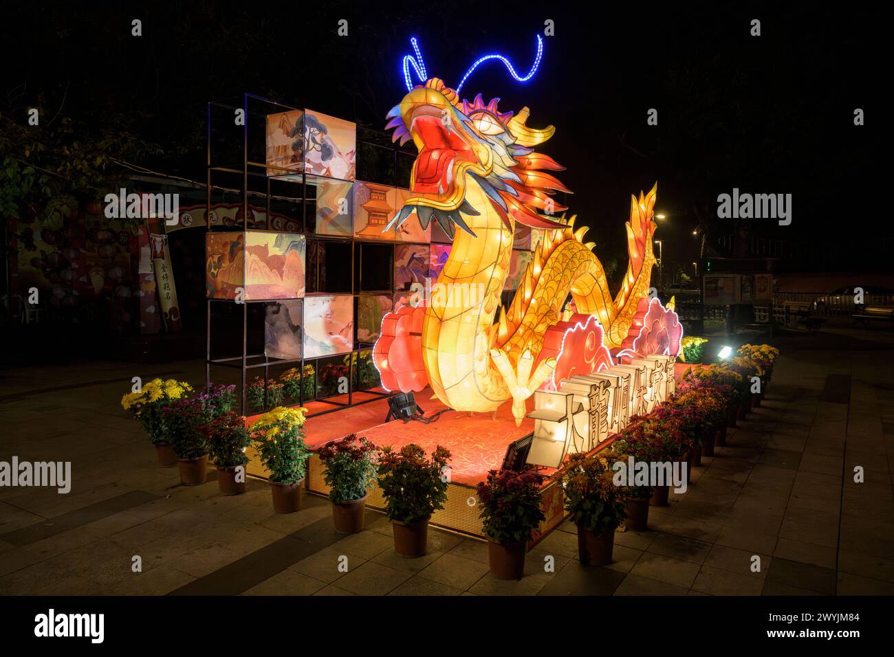 Die Laterne in Drachenform leuchtet während eines Nachtfestes hell, umgeben von kleineren Dekorationen Stockfoto