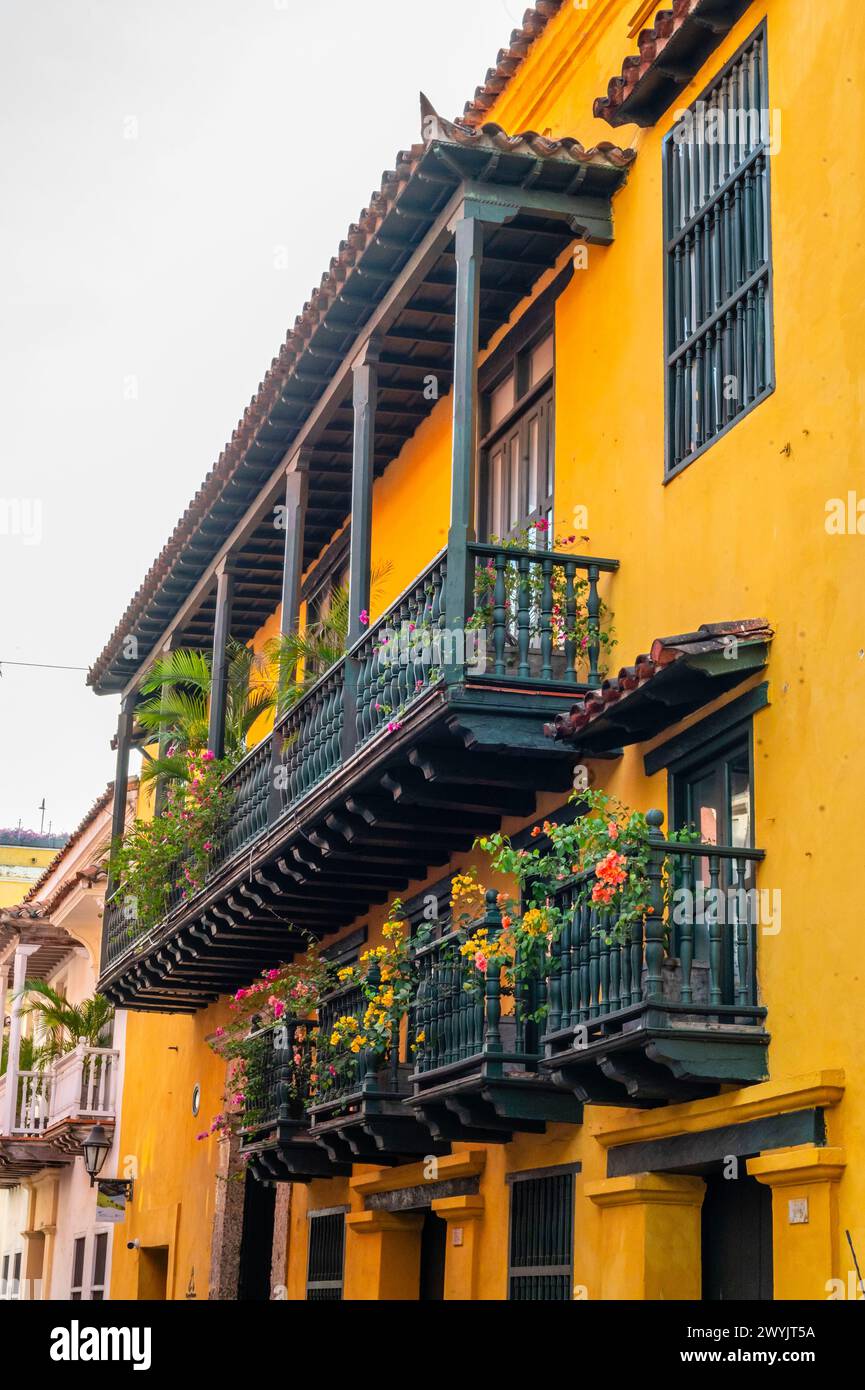 Amérique, Amérique du Sud, Architektur, Architektur coloniale, Balcon, Bolivar (Colombie), Carthagène (Colombie), Colombie, édifice, Exterérieur, Fassade, Fleur, Habitat, Histoire, Jour, maison, Patrimoine, Patrimoine Mondial de l'UNESCO, sans personne, vieille ville Stockfoto