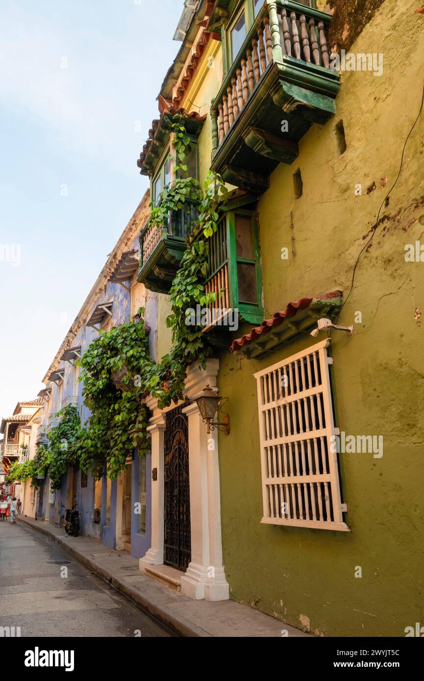 Amérique, Amérique du Sud, Architektur, Architektur coloniale, Balcon, Bolivar (Colombie), Carthagène (Colombie), Colombie, édifice, Exterérieur, Fassade, Fleur, Habitat, Histoire, Jour, maison, Patrimoine, Patrimoine Mondial de l'UNESCO, sans personne, vieille ville Stockfoto