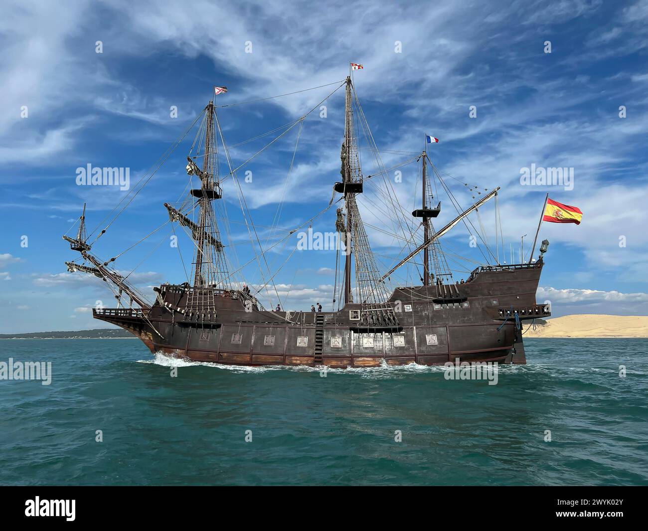 Frankreich, Gironde, Bassin d'Arcachon, Boat Show, April 2023, El Galeón oder Galeón Andalucía ist eine Nachbildung einer spanischen Galeone aus dem 16. Jahrhundert Stockfoto