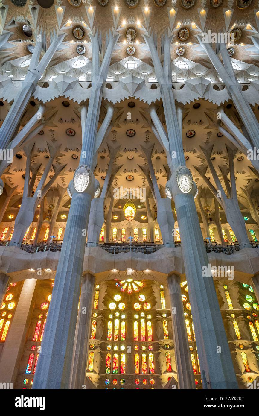 Spanien, Katalonien, Barcelona, Eixample-Viertel, Sagrada Familia Basilika des katalanischen modernistischen Architekten Antoni Gaudi, die zum UNESCO-Weltkulturerbe gehört, an der Westseite des Kirchenschiffs Stockfoto