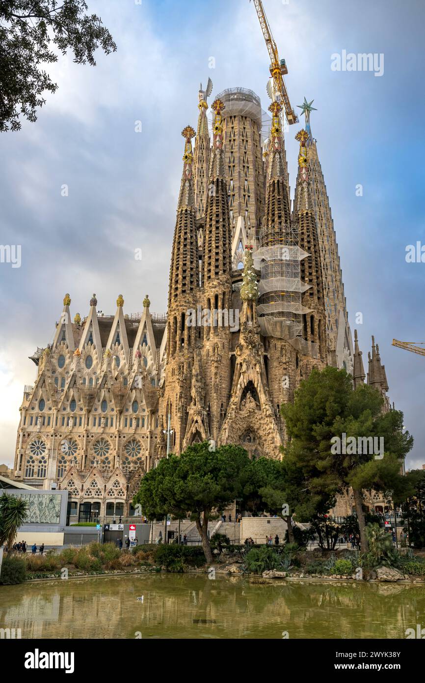 Spanien, Katalonien, Barcelona, Eixample Viertel, Sagrada Familia Basilika des katalanischen modernistischen Architekten Antoni Gaudi, gelistet zum UNESCO-Weltkulturerbe, Fassade der Geburt und Zypresse, die den Baum des Lebens symbolisiert Stockfoto