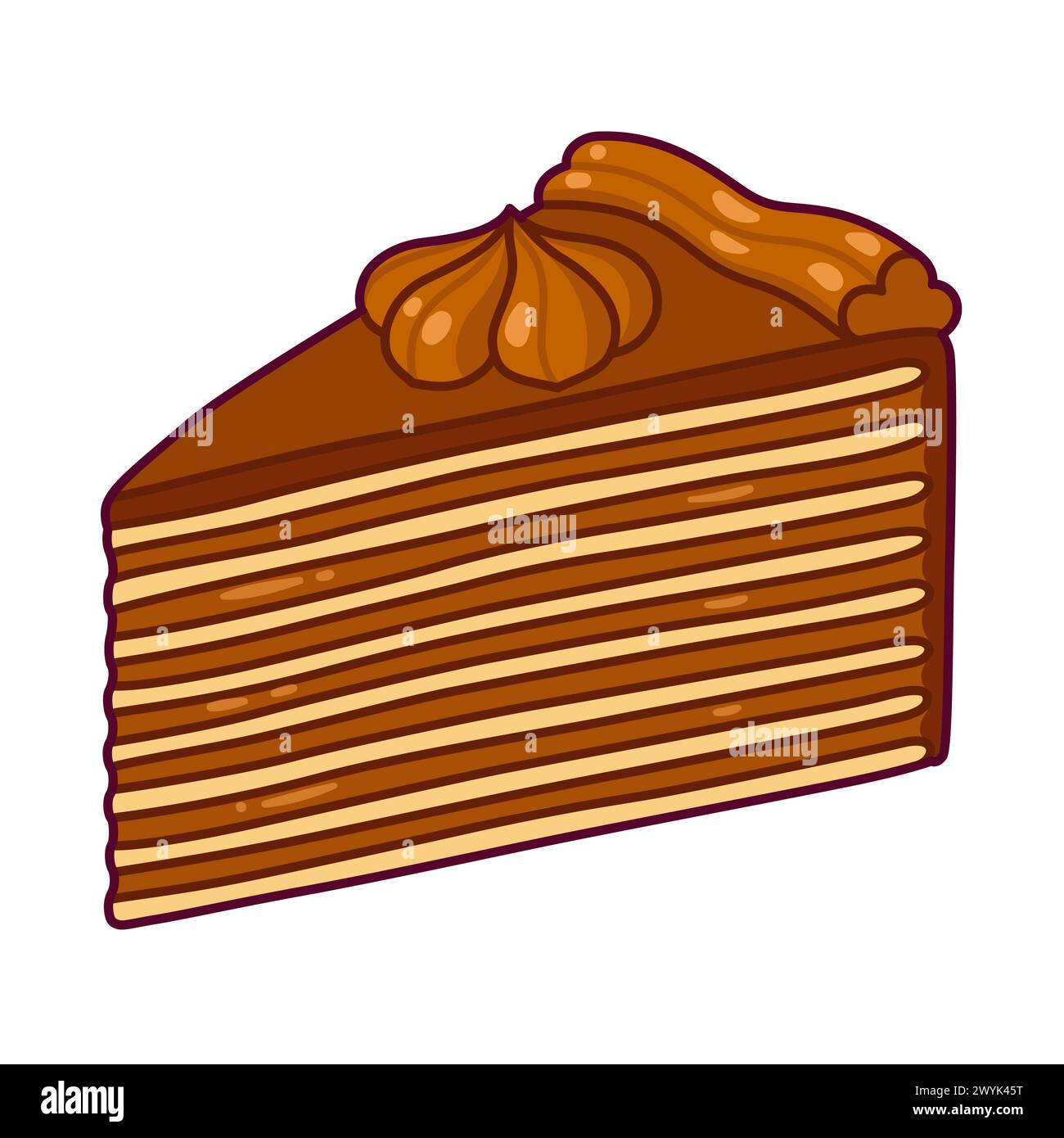Ein Stück traditioneller chilenischer Torta MIL Hojas-Kuchen. Mille-Feuille-Gebäck mit vielen dünnen Schichten und Dulce de leche (Manjar)-Füllung. Zeichentrickzeichnung, V Stock Vektor
