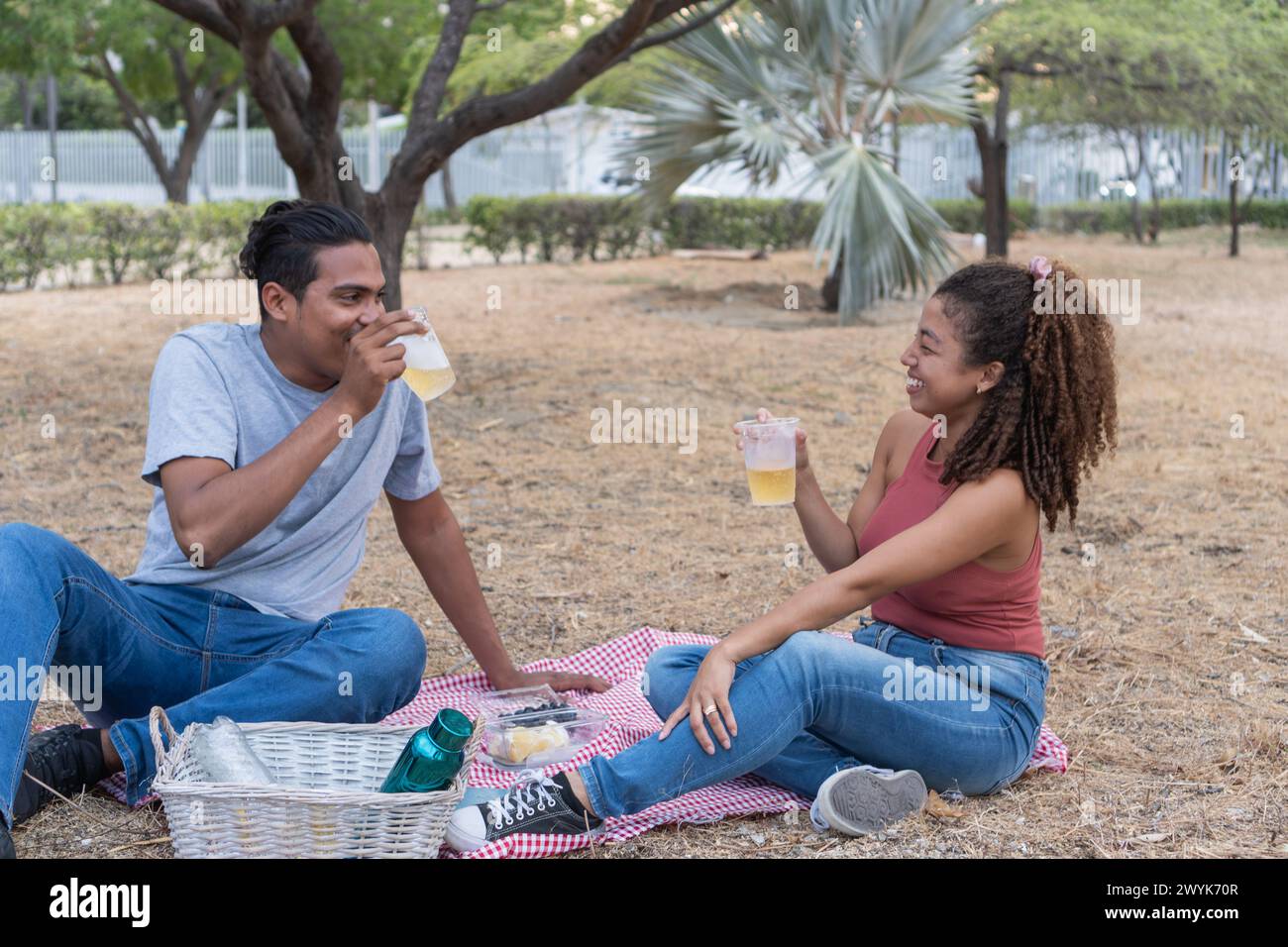 Ein Paar lacht bei einem Picknick über Drinks. Stockfoto