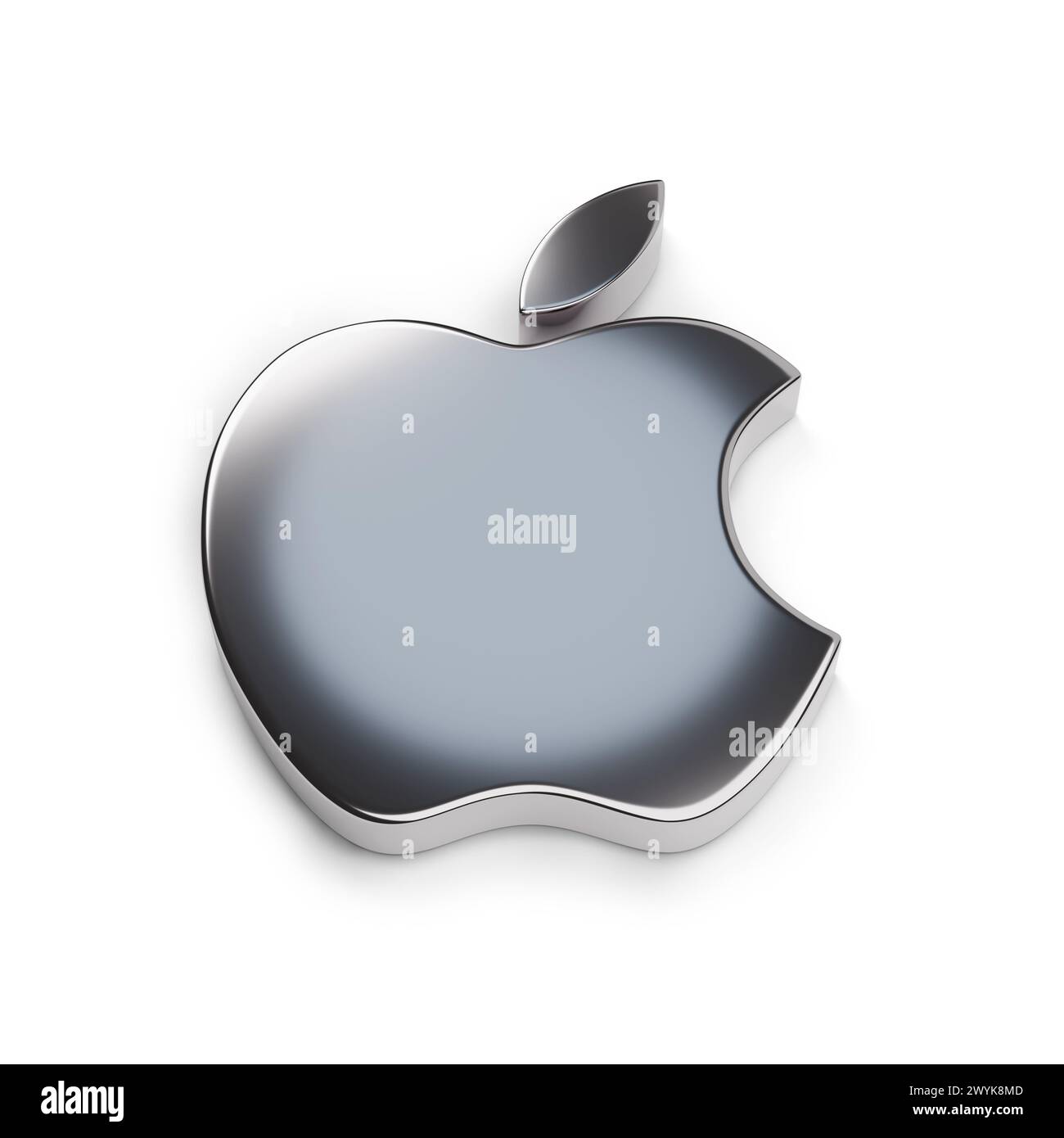 Buenos Aires, Argentinien - 3. April 2024: Apple Metall Logo in drei Dimensionen isoliert auf weißem Hintergrund. 3D-Abbildung. Stockfoto