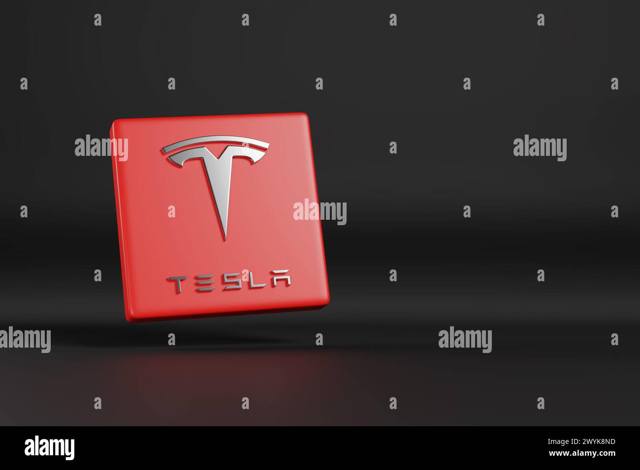 Buenos Aires, Argentinien - 3. April 2024: Tesla-Logo in drei Dimensionen mit Kopierraum. 3D-Abbildung. Stockfoto