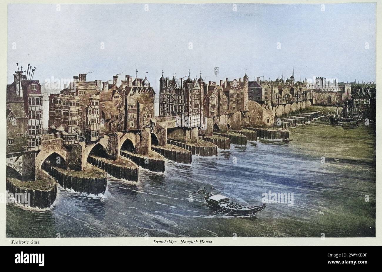 Old London Bridge 1630, East Side, Traitor's Gate, Drawbridge Nonsuch House, 17. Jahrhundert, Vintage-Illustration Stockfoto
