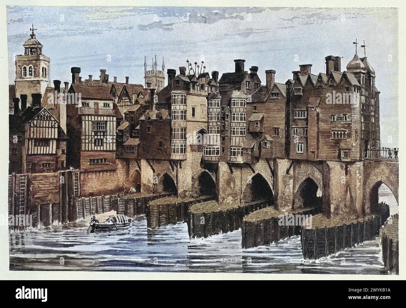 Old London Bridge 1630, Southwark End, Heads Over Traitor's Gate, 17. Jahrhundert, Vintage Illustration Stockfoto