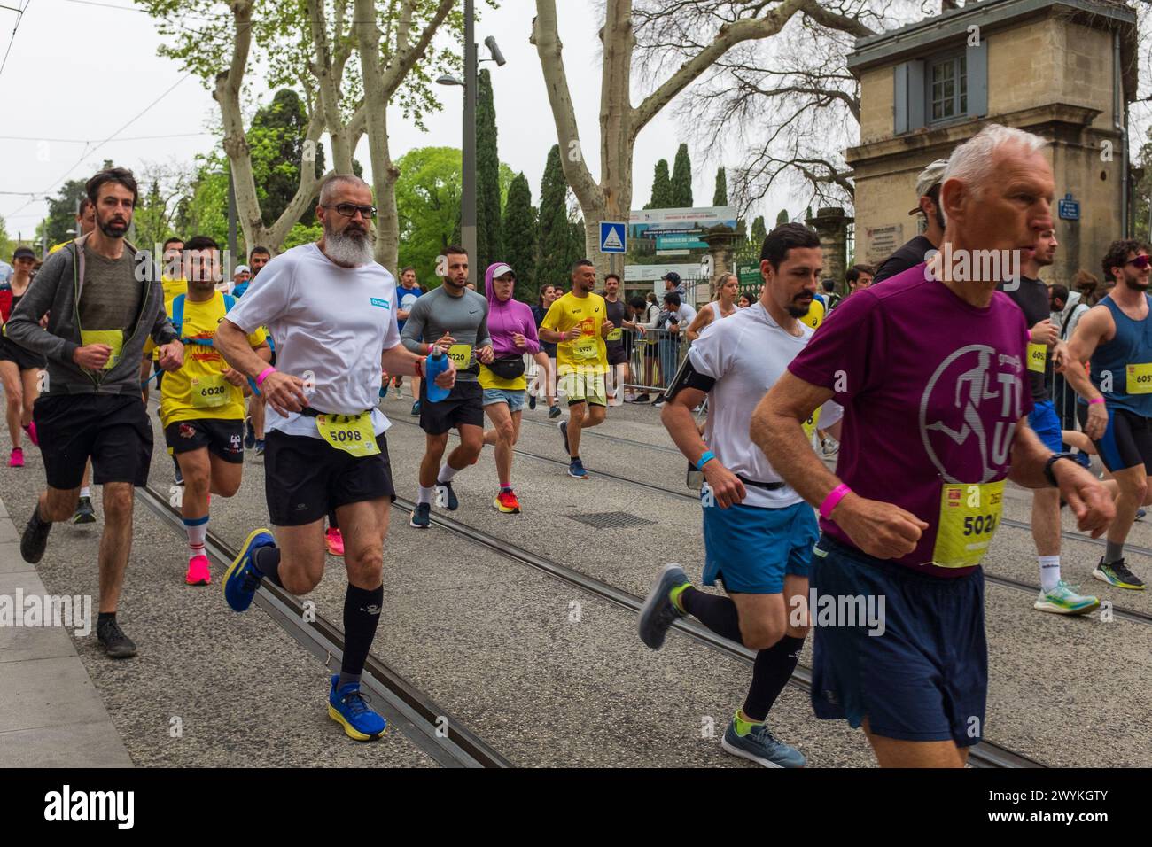 Montpellier, Frankreich. April 2024. Senior Runner in der dritten Welle, die während des Halbmarathons des Montpellier Run Festivals auf dem Boulevard Henri IV rasen. Credit ReportageMPL/Alamy Live News Stockfoto